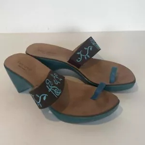 Kate Spade Wooden Sandals Size 9 Wedge Slip On Embroidered Women’s Brown & Blue - Picture 1 of 9