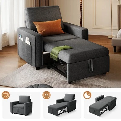 Sofá convertible 3 en 1 para dormir con respaldo acolchado con botones de lino reclinable Foto 1 de 4