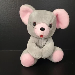 Vintage Gray Mouse Plush 9" Stuffed Animal Pink Ears Red Felt Mouth  - Picture 1 of 10
