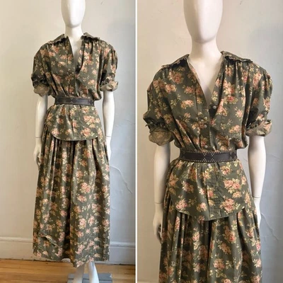 Conjunto Top Falda Vintage Ralph Lauren Country Talla 8 Western Floral Verde Años 80 Foto 1 de 4