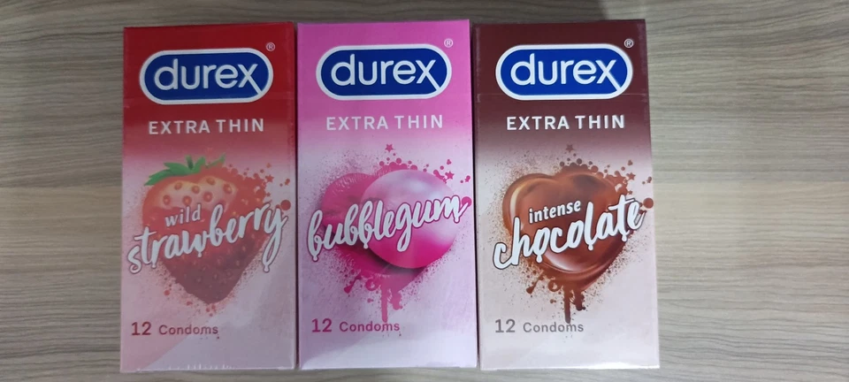 Durex Extra Thin Condoms, 12s, Pack of 3 (Bubblegum + Chocolate + Strawberry - Image 1 of 4