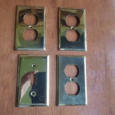 Vintage Heavy Brass Polished Classic 3 Duplex Outlet Cover & Single Switch Plate - Image 1 of 4