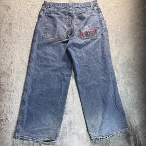 Vintage 90s Distressed JNCO Tribal Spell Out Baggy Jeans 36x32 Wide Leg Skater - Bild 1 von 17