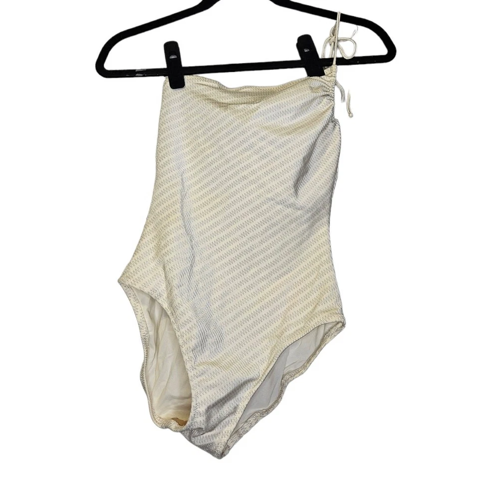 Vintage 90s Catalina 10 Ivory Silver One Piece Shoulder Swimsuit Zig Zag Glam - Image 1 of 3