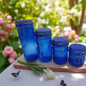 Vintage 1970s Cobalt Blue Fruit Embossed Canister Set of 4 - 10" 8" 6" 4" - Picture 1 of 14
