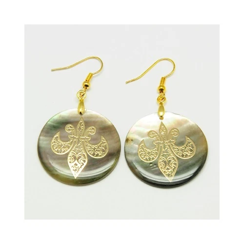 Genuine Luster Abalone Shell Gold Plate Mardi Gras Fleur-de-Lis Dangle Earrings - Image 1 of 1