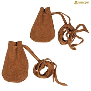 Medieval Leather Pouch Viking Suede Drawstring Handmade Belt Bag Set of 2 Brown - Picture 1 of 13