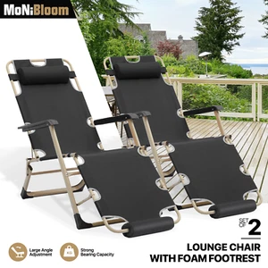 2 PCS Black Patio Chair Foldable Adjustable Oxford Fabric Beach Seat w/Headrest - Picture 1 of 13