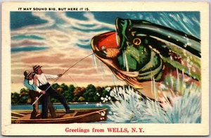 Postcard c1955 Greetings From Wells New York Freak Fish Comic Exaggerated - Bild 1 von 2