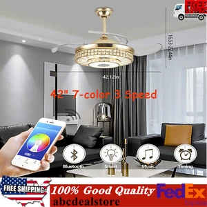 7-Color Ceiling Fan Light 42" Retractable W/Remote Bluetooth Music Speaker - Picture 1 of 10