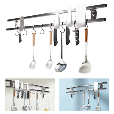 24" Wall Mount Magnetic Knife Storage Holder Rack Double-bar Kitchen Tool+8 Hook - Image 1 of 4