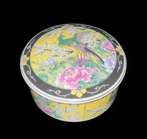 Vintage Porzellan Orientalische Japanische Schmuckschatulle Gelb Rosa Blumen & Vögel - Bild 1 von 6