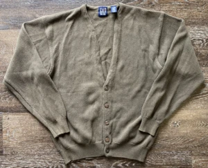 Vintage 90s GAP Chunky Knit Cardigan Sweater M Brown Preppy V-Neck Heavy Mens - Picture 1 of 5