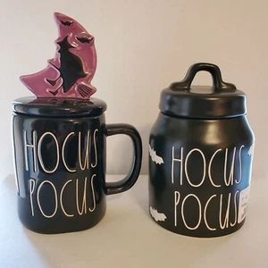 Rae Dunn Halloween Hocus Pocus Lot Black Coffee Mug & Canister w/Lid Witch Bats - Picture 1 of 7