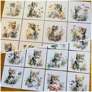 9x Watercolour Floral Kitten Cat Card Toppers Card Making Birthday Mothers Day - Picture 1 of 5