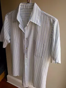 Vtg. Men's Buttoned Short Sleeve One-Pocket Shirt, White w/ Blue Stripe, Poly, S - Picture 1 of 8