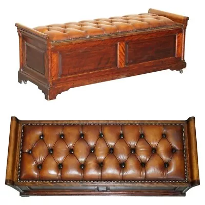 Antique Restored Brown Leather Chesterfield Flamed Mahogany Hall Bench Ottoman • 4722.22£