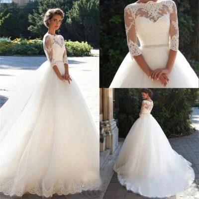 Elegante Vestido de Novia Línea A Cuello Redondo Manga 3/4 Encaje Apliques Vestidos de Novia Foto 1 de 4