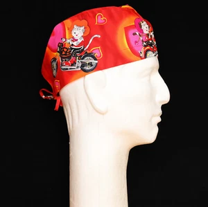 Biker Cats on Red Theme Scrub Hat - Picture 1 of 1