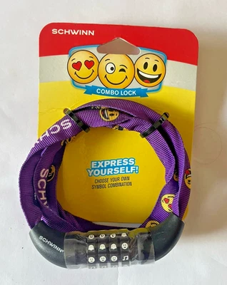 Schwinn Emoticon Fabric Cable Combo Universal Bike Bicycle Lock Kids Purple NEW - Image 1 of 4