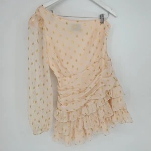 DO+BE Y2K Beige Gold Metallic One Shoulder Rüschen Party Minikleid Gr. M Coquette - Bild 1 von 12