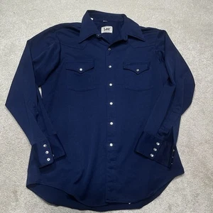 Vintage 70s Lee Jeans Pearl Snap Shirt Mwna 16,5 Large Blue Polyester USA Dagger - Bild 1 von 10