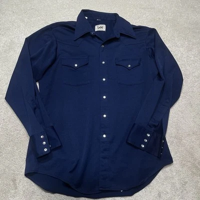 Винтажная рубашка 70-х Lee Jeans Pearl Snap Mwna 16,5 большая синяя полиэстер кинжал США - Изображение 1 из 4