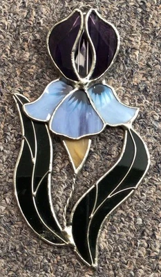 Винтажные витражи ручной работы фиолетовый, синий, зеленый и золотой Iris Suncatcher 7 дюймов - Изображение 1 из 4