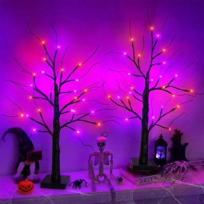 Paquete de 2 Árboles de Halloween Negro de 24 Pulgadas con 24 Luces LED Naranja Púrpura, USB/Bat... Foto 1 de 4
