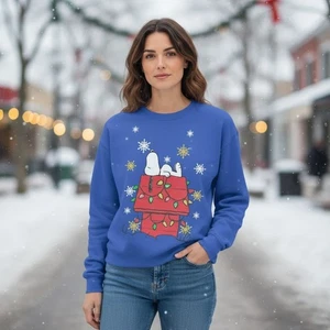 Peanuts Snoopy Weihnachtsbeleuchtung Sweatshirt Damen groß blau Rundhalsausschnitt Urlaub - Bild 1 von 7