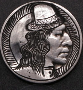 Aschenhut - kleine Krone - Haar in Bewegung - handgeschnitzter Hobo Nickel - Gravur - Bild 1 von 3