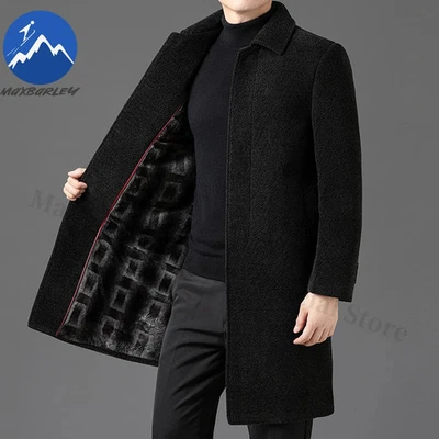 Winter Woolen Coat Men Long lined Thick Trench England Style Snow Warm Overcoat - Image 1 of 4