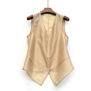 Lady Sleeveless Vest Faux Silk Tank Tops Sheer Blouse Gilet Casual Elegant Basic - Picture 1 of 13