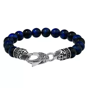 Genuine Blue Tiger Eye Stainless Steel Beaded Bracelet with Black Cubic Zirconia - Picture 1 of 3