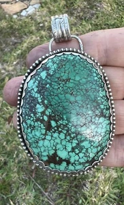 HUGE TURQUOISE MUSEUM~HUBEI~CLOUD MOUNTAIN *PENDANT~ESTATE~STERLING - Picture 1 of 7