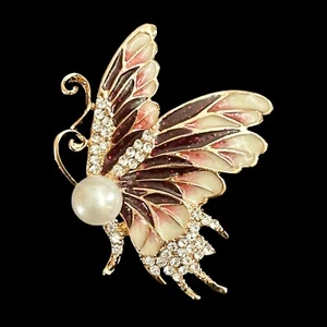 Butterfly pearl crystal set gold tone enamel brooch gift boxed new - Picture 1 of 2