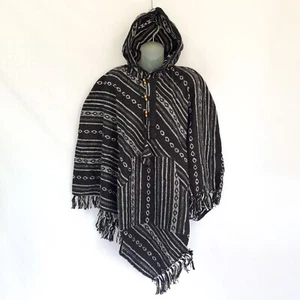 Black Poncho Cotton Boho Baja Shawl Festival Hippie Outdoor Surf Mexican Camp - Picture 1 of 4