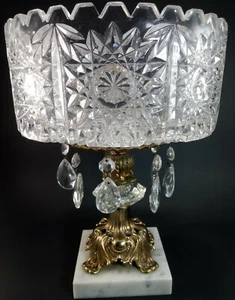 ANTIQUE Crystal Bowl~Prisms Marble Pedestal Compote Bronze SEE PHOTOS & VIDEO - Picture 1 of 12