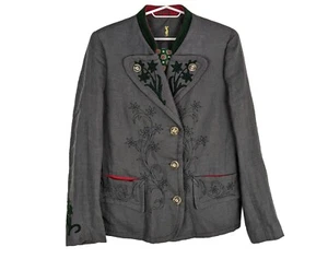 Almsach Trachten-Janker Damen D 42 Grau Leinen Bestickt Hirschhorn Jacke - Afbeelding 1 van 9