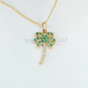 Natural Emerald Diamond Palm Tree Necklace 14K Yellow Gold Jewelry Gift for Her - Picture 1 of 9