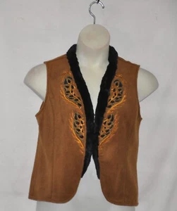 Bob Mackie Embroidered Fleece Vest Faux Fur Trim Size S Camel - Picture 1 of 2