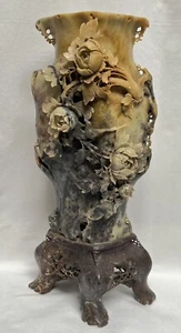 Vintage Large Chinese Soapstone Hand Carved Floral & Bird Vase - 16.5” Tall - Picture 1 of 13
