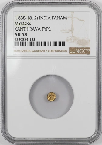 NGC AU58 (1638-1812) India Mysore Gold Fanam Kanthirava Type Cover