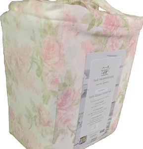 FARMHOUSE Rachel Ashwell Roses Pink Green Floral Cotton Flannel QUEEN Sheet Set - Picture 1 of 8