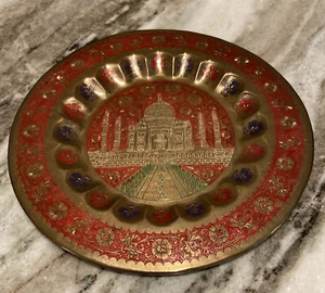 Taj Mahal Deko Teller Wandbehang 7-3/4" rot blau Blumen Messing Vintage Dekor - Bild 1 von 8