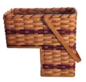 Amish Oak Stair Step Wicker Storage Basket Swinging Handle - Picture 1 of 15