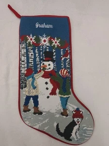 LL Bean Multicolor Needlepoint Snowman Children Puppy Christmas Stocking GRAHAM - Picture 1 of 13