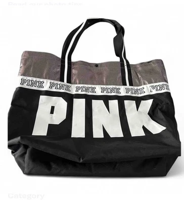 Y2K Victoria's Secret розовый большой сумка с короткими ручками черный серебряный металлический пляж путешествий спортзал - Изображение 1 из 4