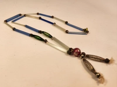 VTG Christmas Blue & White Glass Tubes & Silver & Red Mercury Beads Garland 26" - Image 1 of 4