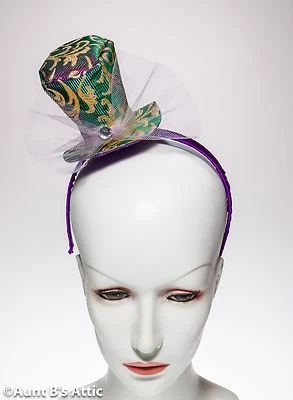 Mardi Gras Mini Hat Gold Green & Purple Brocade Fabric Mini Top Hat On Headband - Image 1 of 3
